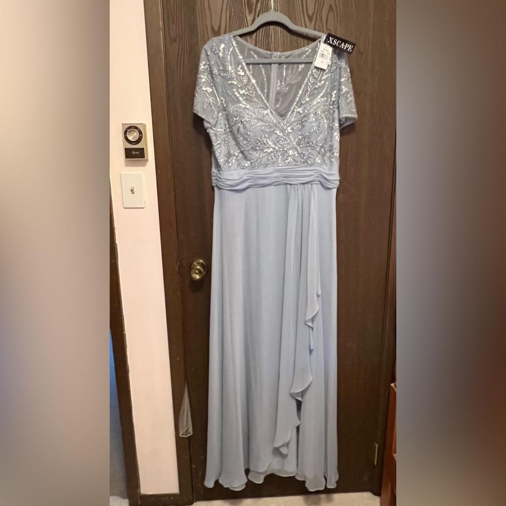 Xscape Light Blue Embellished V-Neck Chiffon Wedding Dress